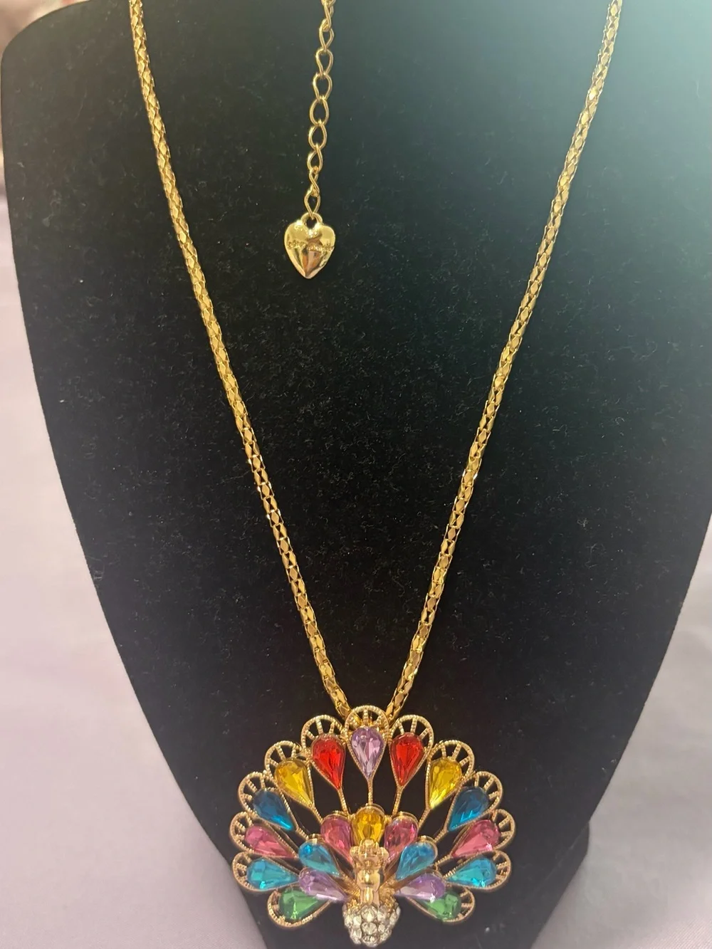 Betsey Johnson Gold Peacock Pendant Necklace with Multicolor Stones